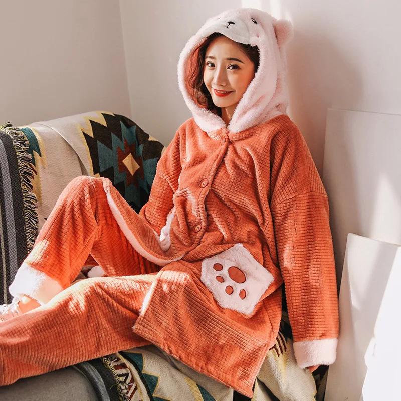Зимняя бархатная Пижама кораллового цвета Женский Теплый кардиган пижамный