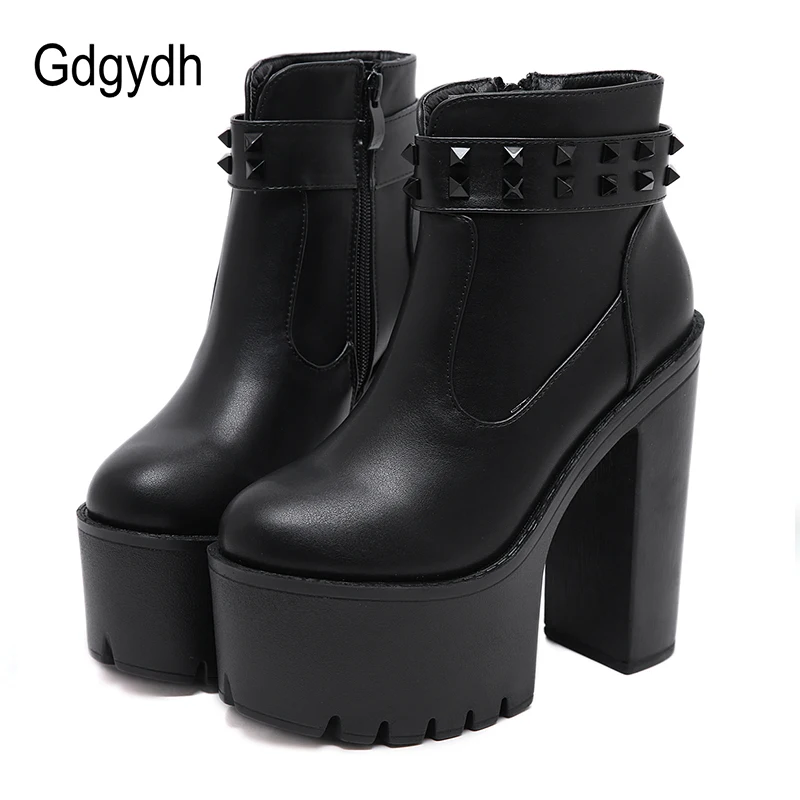 

Gdgydh 2021 Hot Sales Women Ankle Boots With Rivets Round Toe Thick High Heeled Short Boots Platform Boots Gothic Chunky Heel