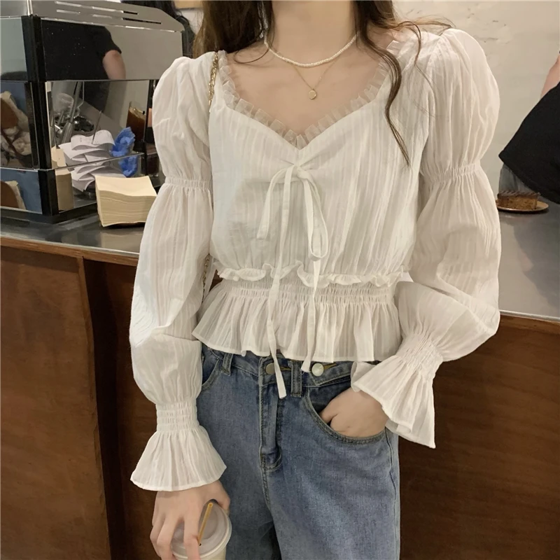 

Black White Long Sleeved Korean Autumn Elegant Fashion Blouses And Tops Women'S Shirt Clothing 2021 Female Vintage
