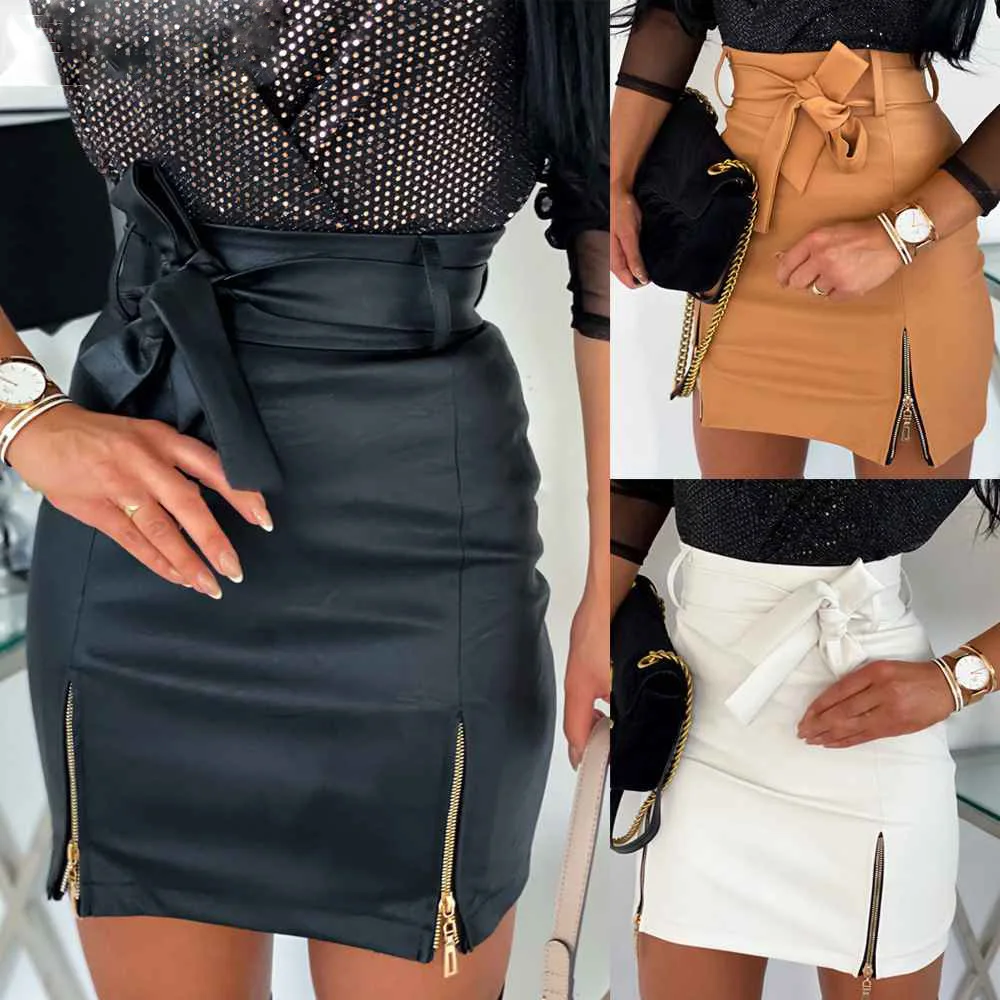 

2021 Leather PU Sexy Strappy Zipper High Waist Bag Hip Skirt Skirts Womens