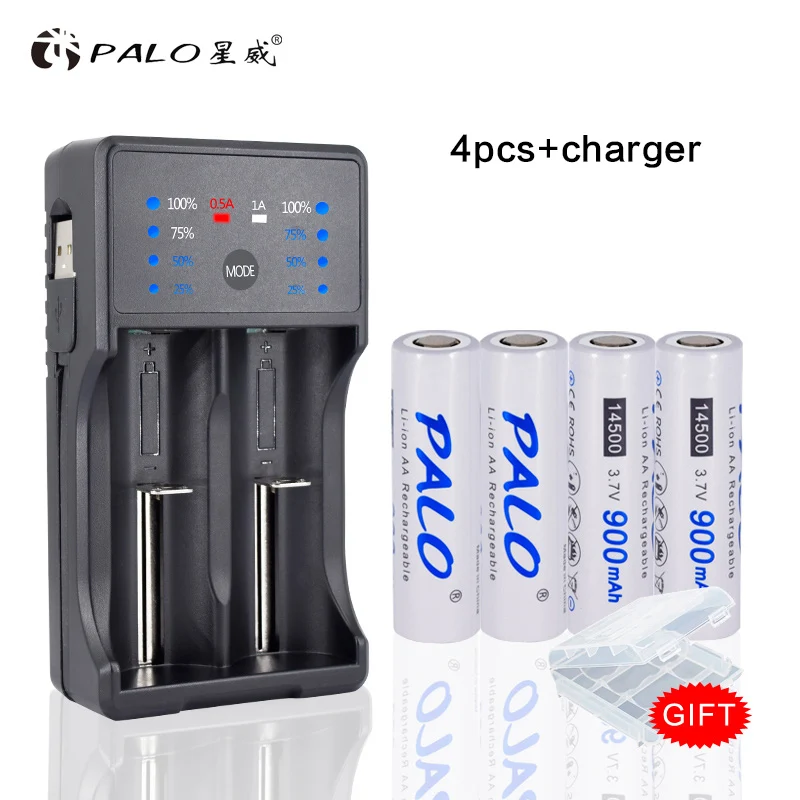 PALO AA 14500 900mAh 3,7 V литиево-ионная аккумуляторные батареи для светодиодный фонарик+ зарядное устройство для AA AAA 18650 14500 16350 18500 и т. д - Цвет: 4PCS and charger
