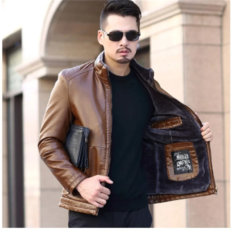 

plus size 8XL 7XL 6X Leather Jacket Men Winter Leanther Jacket Solid Thick Coat Male Thermal Fleece Casual Stand Collar Clothing