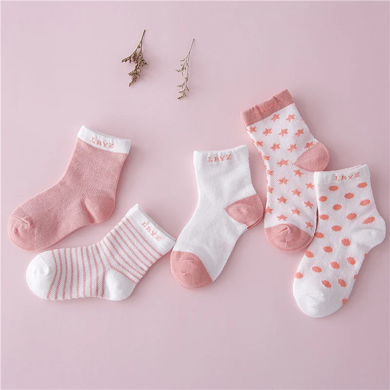 

5 Pair=10PC/lot Summer Mesh Cotton Dots Plain Stripes Baby Socks Girls Boys Children Socks Neonatal Kids for 0-6 Year kids socks
