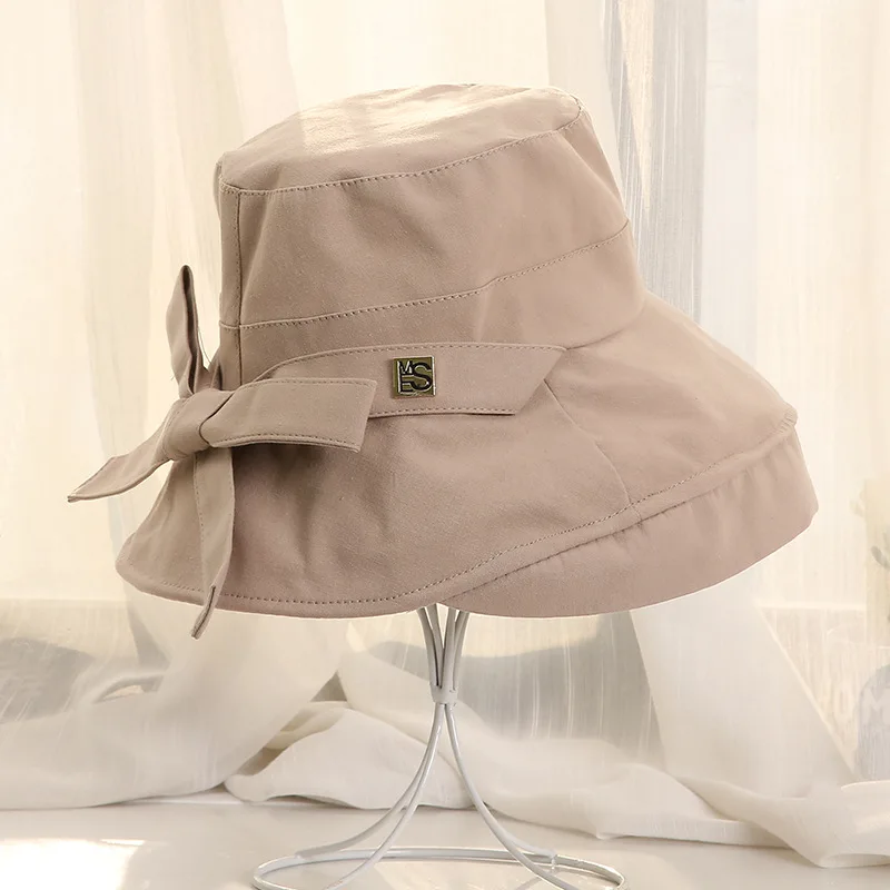 Khaki Желтая Женская Рыбацкая шляпа с бантиком, зимняя Весенняя хлопковая льняная шляпа-ведро, складные шляпы с большими полями, Женский уличный солнцезащитный козырек, дешево - Цвет: Khaki