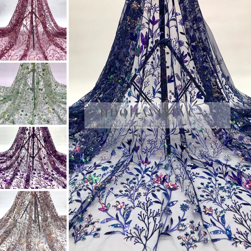 Цветы блесток вышитые ткани синий тюль ткань сетка вышивка кружева высокого