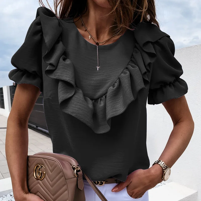 

Summer Puff Sleeve Ruffle Blouse Women Round Neck Short Sleeve Casual Shirt Solid Color Office Lady Tops