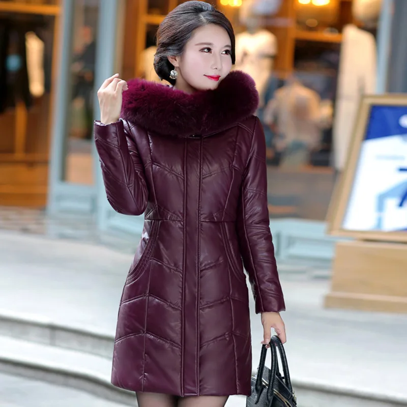 Clearance Mother Leather Coat Winter 2021 Women Sheepskin Jacket Thicken Warm Outerwear Fur Collar Hooded Tops Overcoat Female | Женская