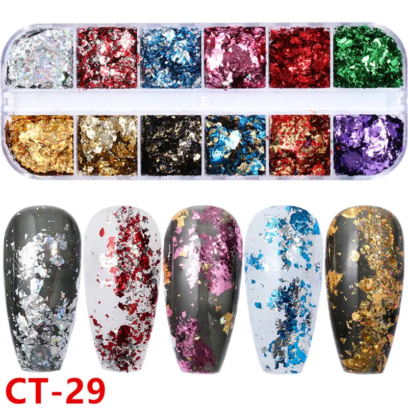 CT29 12 цветов алюминиевая фольга для ногтей двухсторонняя красочная неправильная наклейка из фольги бумага 3d Мерцающая Снежинка DIY маникюрные украшения - Цвет: CT29