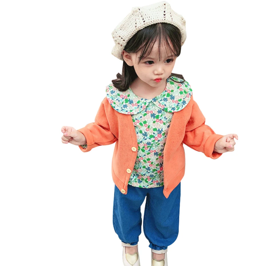 Весенняя одежда для девочек блузка с цветочным рисунком + кардиган джинсы костюм