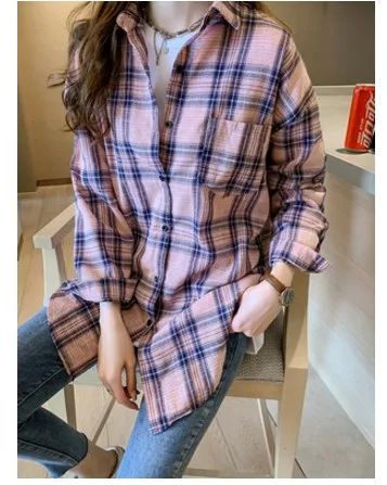 Повседневные женские рубашки, корейская модная одежда, blusas mujer de moda, свободные женские топы, офисные женские рубашки в клетку, женские 6858 50