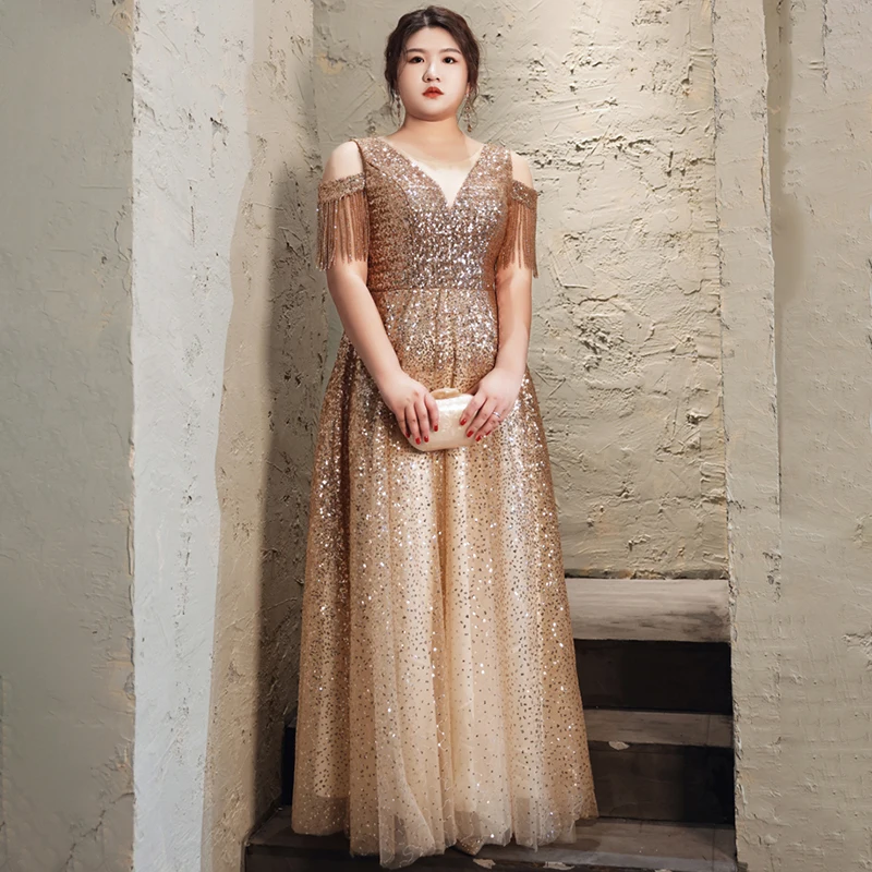 Evening Dress Beading Bling O-Neck Short Sleeves Floor-length A-line Lace up Gold Simple Women Party Plus Size Formal Gowns D451