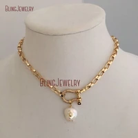 nm35788 carabiner shackle chain necklace gold pave shackle necklace cz pearl pendant choker gold plated rolo chain