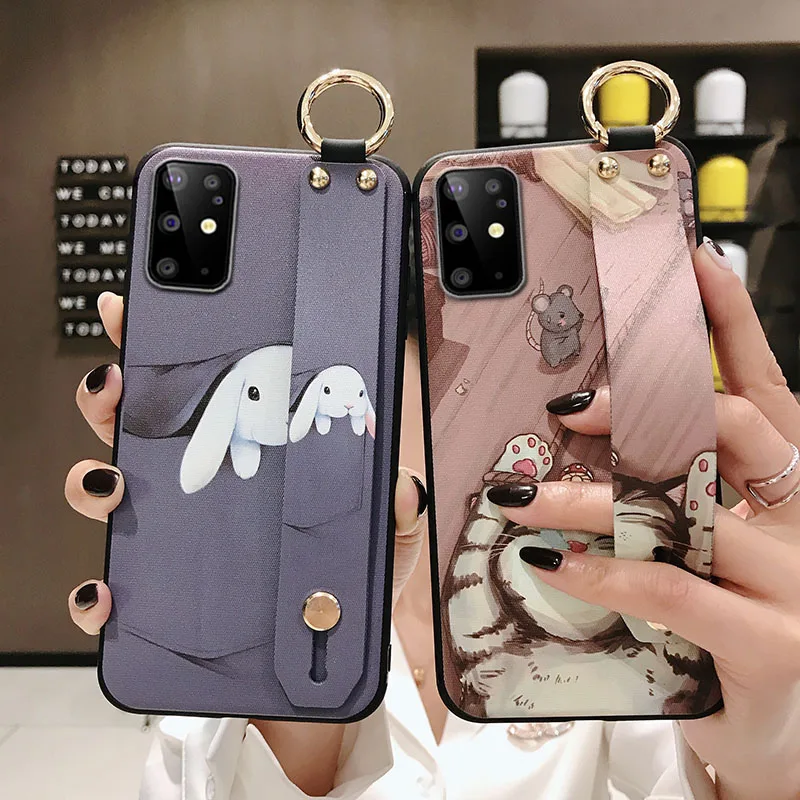 Cute Animal Wrist Strap Phone Holder Case for Samsung Galaxy A51 A71 Note 10 20 8 9 S10 S8 S9 S20 S21 Plus Soft Cat Rabbit Cover