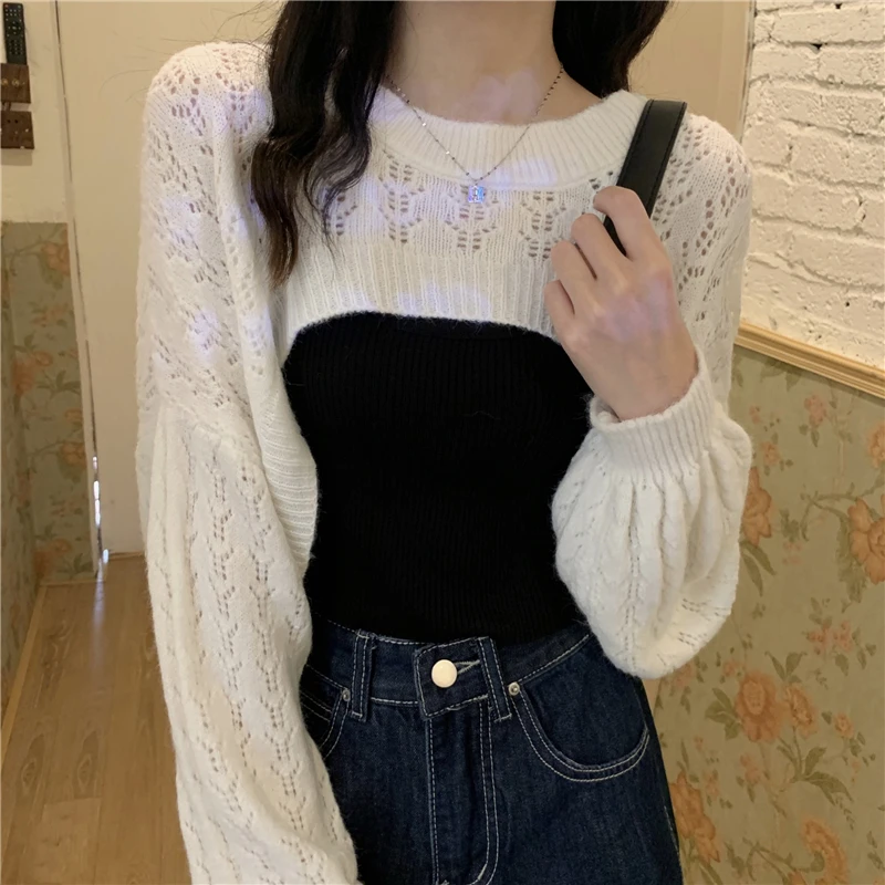 

Winter Women Round Neck Knitted Sweaters Hollow Out Solid Loose Tops Ladies Korean Casual Pullovers Crop Top Sueter Mujer Female