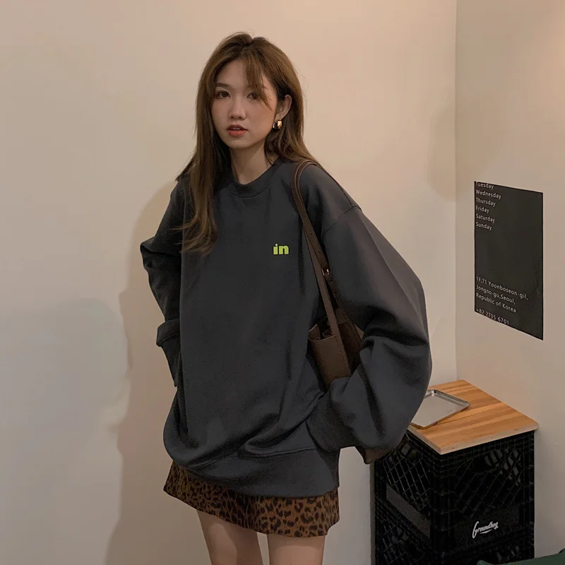 

Loose Korean Style Mid-length Letter Floral Print Long Sleeve Pullover