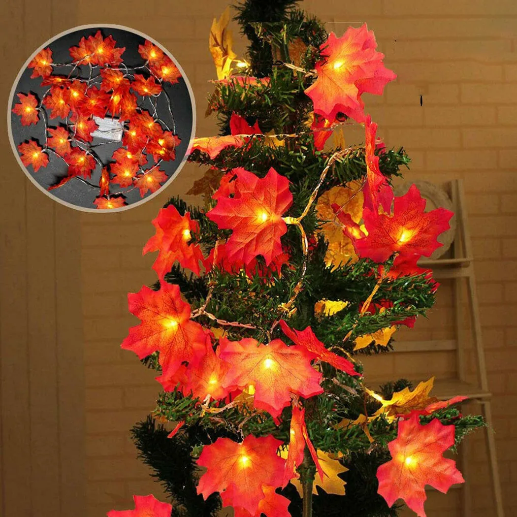 

LED Light Artificial Autumn Fall Maple Leaves Garland Hanging Plant LED Maple Leaf Light String Christmas Tree Scene Decoration