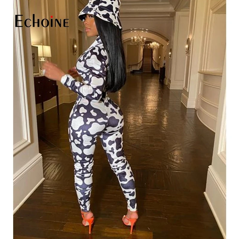 Женский комбинезон из спандекса с длинным рукавом и принтом коровы |