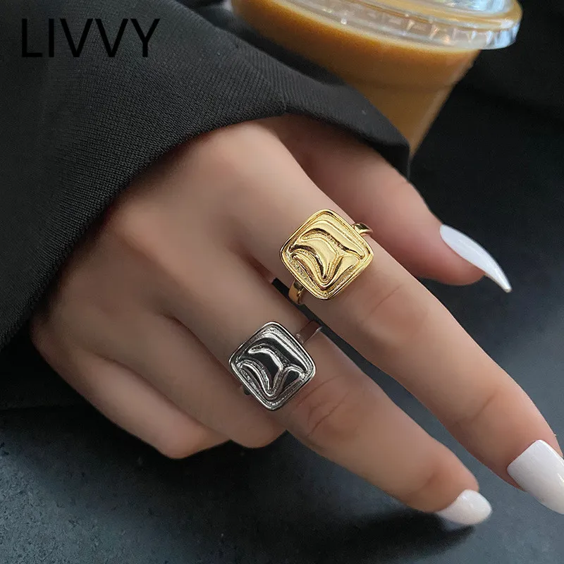 

LIVVY Silver Color Square Simple Irregular Pattern Adjustable Rings For Women Fashion Creative Design Valentine's day Jewelry