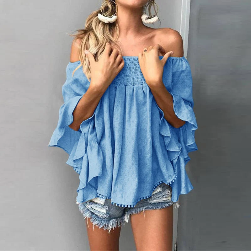 

Модная женская летняя блузка с открытыми плечами, рубашки с оборками, пикантные однотонные топы, женская элегантная рубашка с длинным рукав...