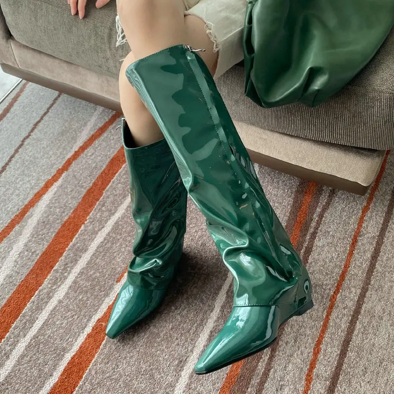 

Genuine Leather Bomb Skirt Boots Women Fashoin Comfort Square Toe Wedge Heel Zip Knee Boots Green Mirror Patent Leather Shoes