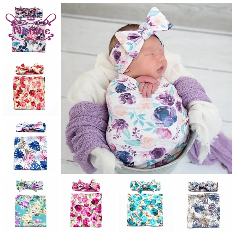 

Newborn Printed Bowknot Wide Hairband and Sleeping Bag Set 80*80 CM Infant Swaddle Wrap One Hundred Days Baby Photography Props