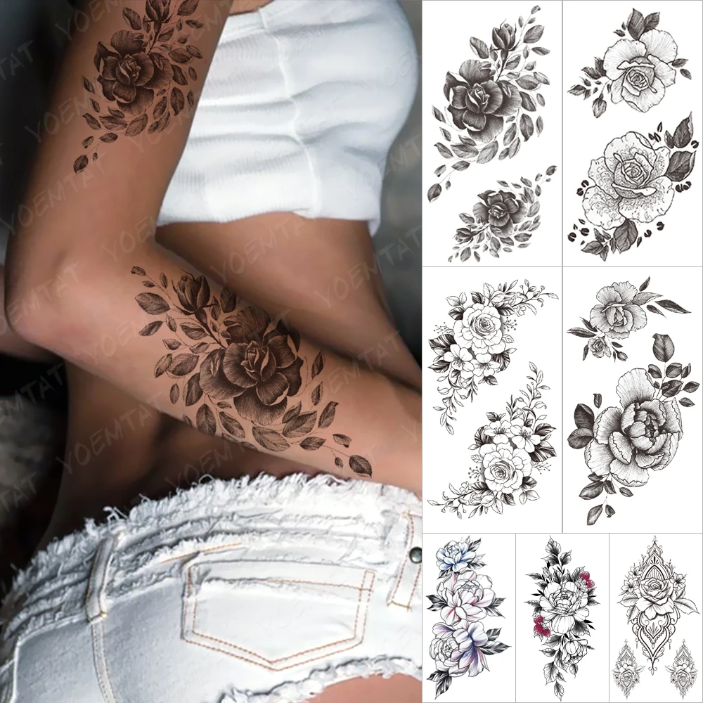 

Waterproof Temporary tatooo Stickers Flower Peony Begonia Rose Transfer tattoos Waist Sexy Body Art Fake tatoo Male Women Black