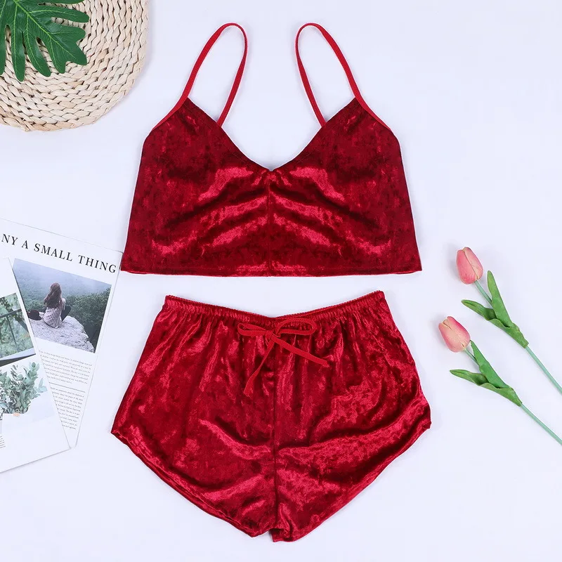 

Hot Women 2 piece set Velvet Sleepwear Sexy Spaghetti Strap Shorts Pajamas Suit Ladies Casual Sleepwear Female Pajama Party Set
