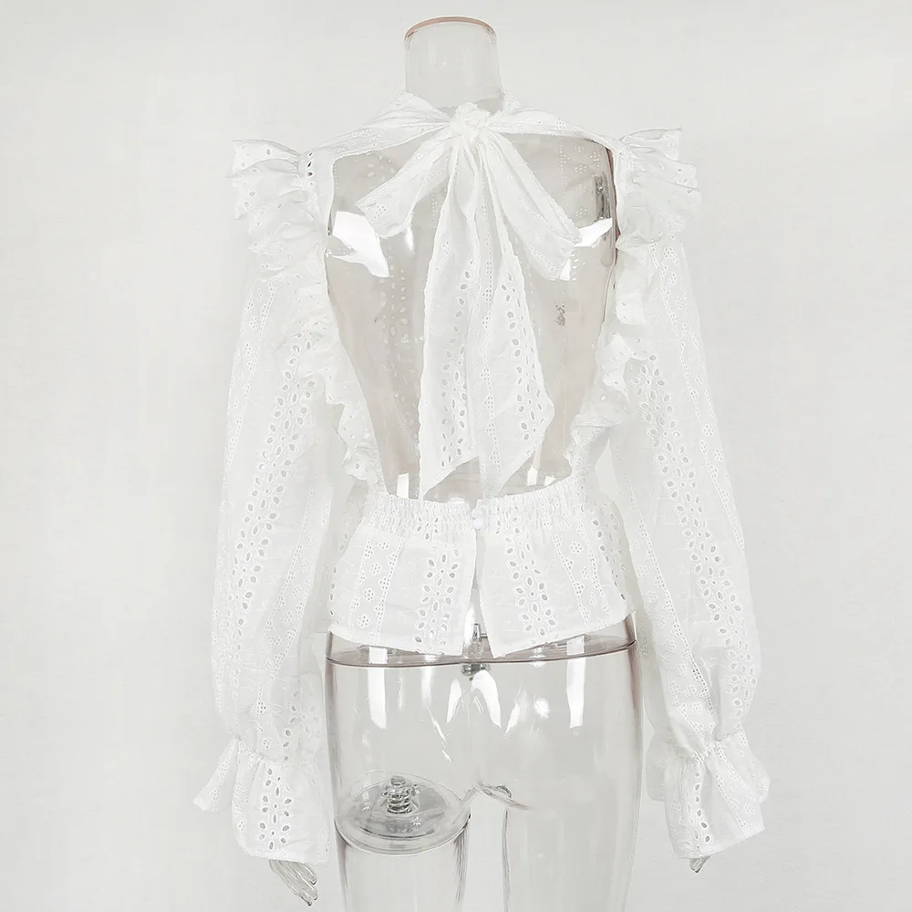 Элегантная кружевная женская блузка с открытой спиной белая оборками женские