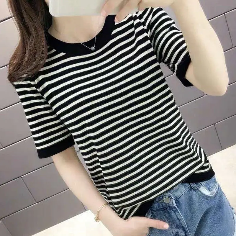 Женская футболка сезон весна-лето 2020 новые футболки топы вязаные в полоску с