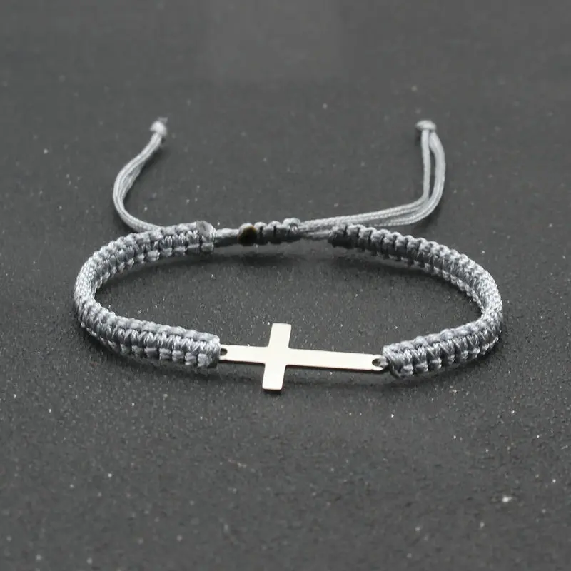 Stainless Steel Cross Charm Bracelet Lovers' Lucky Handmade Braided Adjustable Rope Chain Bracelets for Women Men Couple Jewelry images - 6