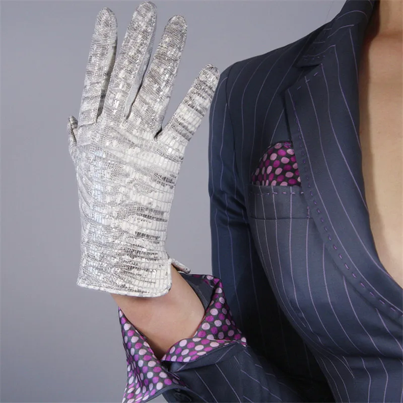 Silver lizard Перчатки из натуральной кожи и замши, 22 см, короткие, стильные, с бархатной подкладкой, светильник, синие, импортные, из телячьей шерсти, меховые перчатки, черные, с сенсорным экраном, WZP25 - Цвет: Silver lizard