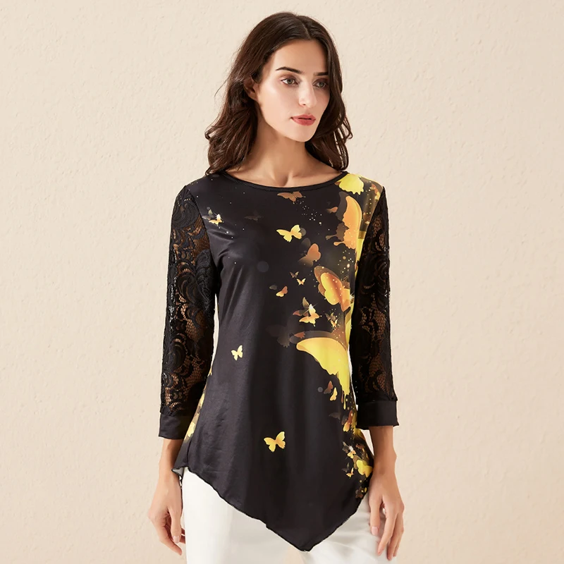 

Women Blouses Fashion Print Butterfly Irregular Shirt Ladies Casual Long Sleeve O-Neck Blouse 2022 Autumn Women Tops