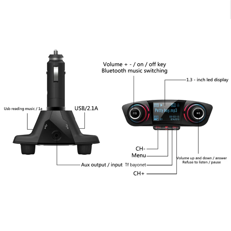 Двухголовый Автомобильный Bluetooth MP3 Дисплей с двумя ручками большой экран дисплей