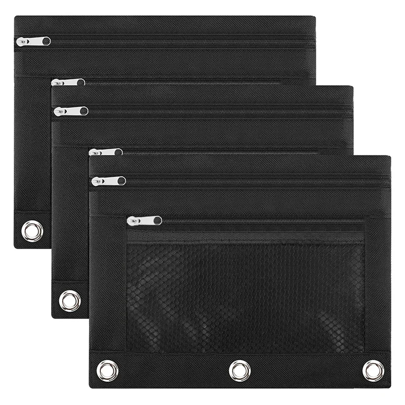 

3 Pack Pencil Pouch 3 Hole Binder Zipper Pen Pouches Cloth Pencil Case for Office College School Supplies Cosmetics