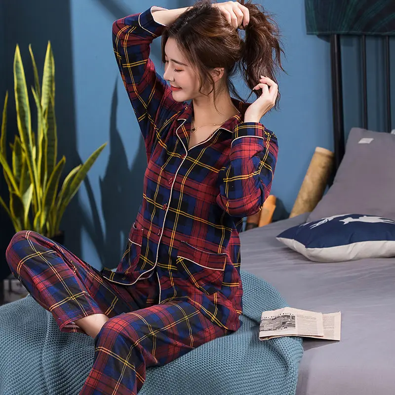 

Women Pajamas Sets Cotton Sleepwear Turn-down Collar Long Sleeve Autumn Plus Size Pyjama lattice Female Casual Homewear Pijama