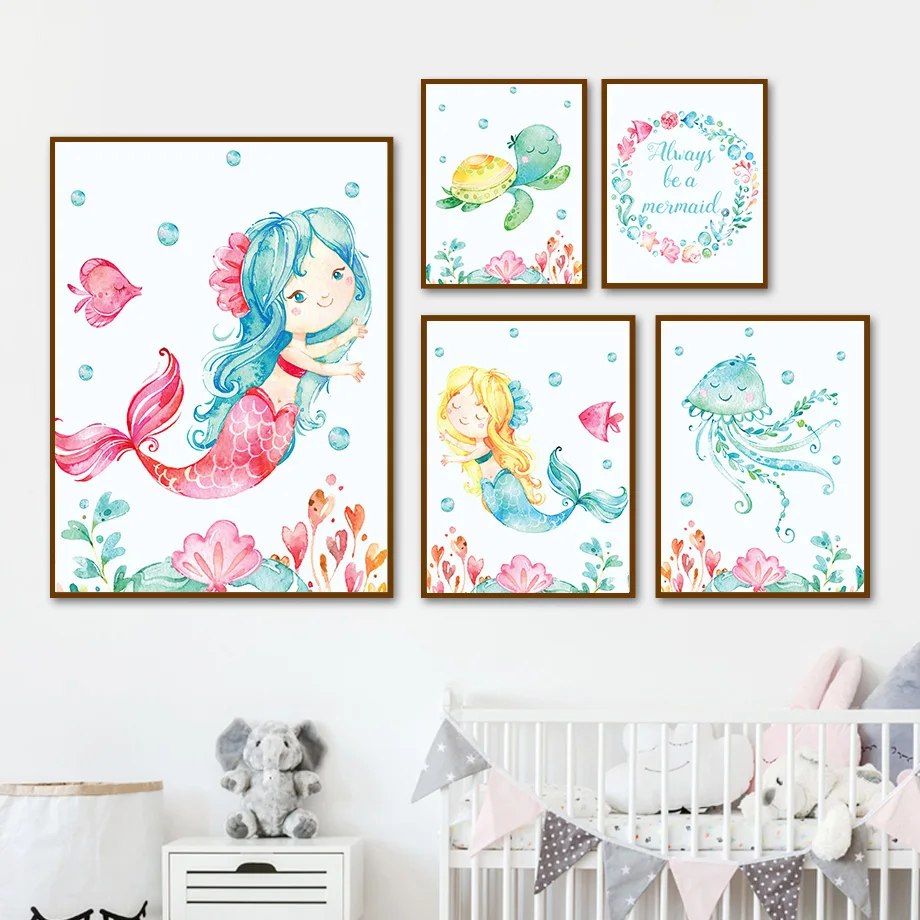 

Turtle Jellyfish Mermaid Princess Dream Wall Art Canvas Painting Nordic Posters And Prints Wall Pictures Kids Kawaii Room Decor