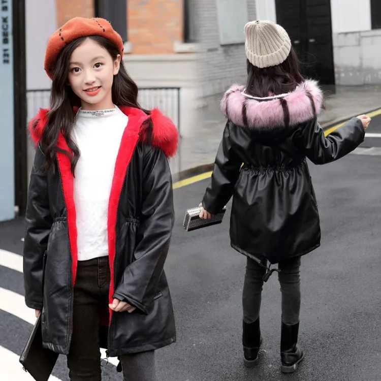 Зимняя теплая плотная куртка для девочек Детское пальто из искусственной кожи с