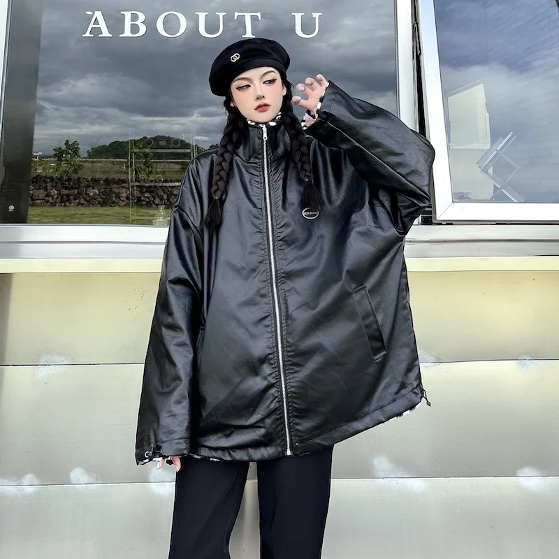 Зимняя женская куртка из искусственной кожи с леопардовым принтом Толстая