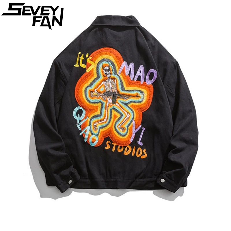 

SEVEYFAN Men's Fashion Skull Embroidery Denim Jacket Hip Hop Oversize Coat Streetwear Spring Autumn Coat for Male