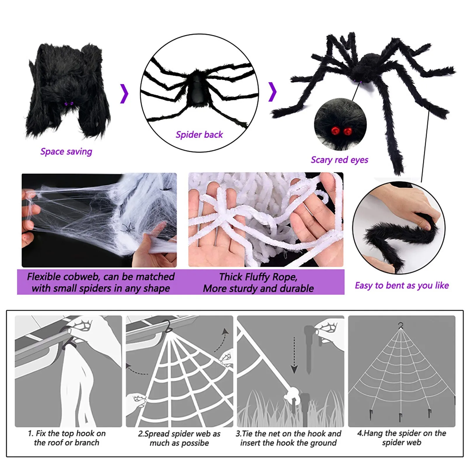 Hairy Giant Spider Web And Fake Props Scary Yard Door &amp Outdoor Decor With Stretch Cobweb | Дом и сад