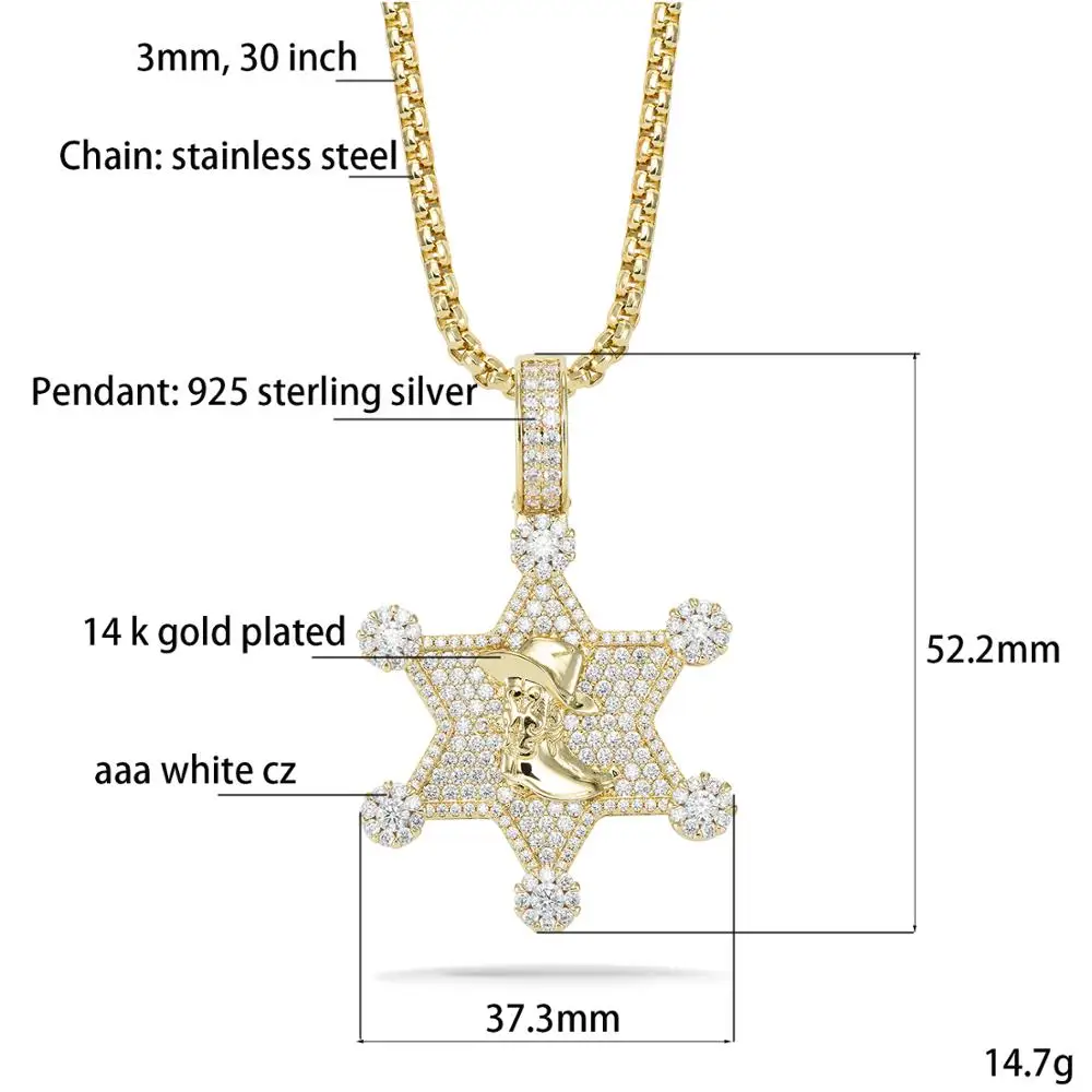 VANAXIN Cowboy Hat Boot Pendants & Necklaces For Men 925 Sterling Silver Jewelry Five Point Star Gold Color CZ Bling Chain | Украшения и