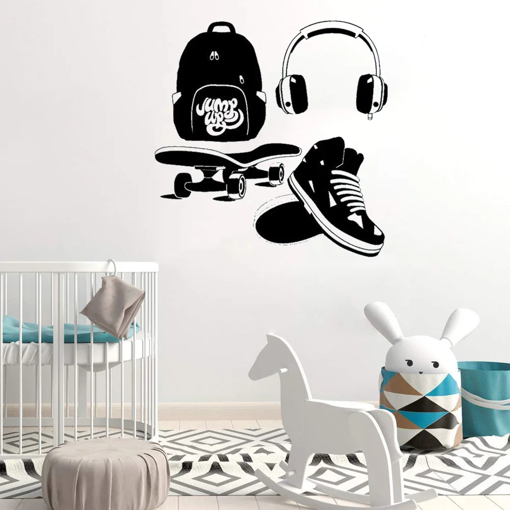 

Street Style Wall Decal Headphones Skate Cool Wall Stickers For Teen Room College Wall Decor Vinyl Wallpaper DW7853