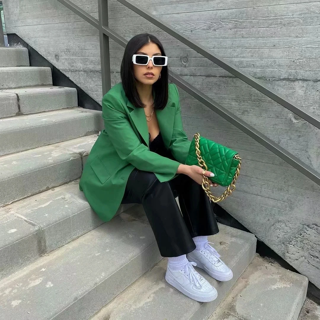 Модная шикарная зеленая женская элегантная модная куртка с вырезом и 2