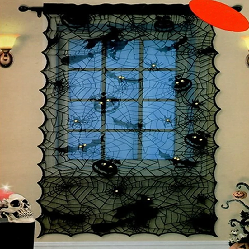 Black Lace Curtain Halloween Light Window Cover Halloween Fabric Pumpkin Party Decoration Spider Web Witch Bat 107*203cm