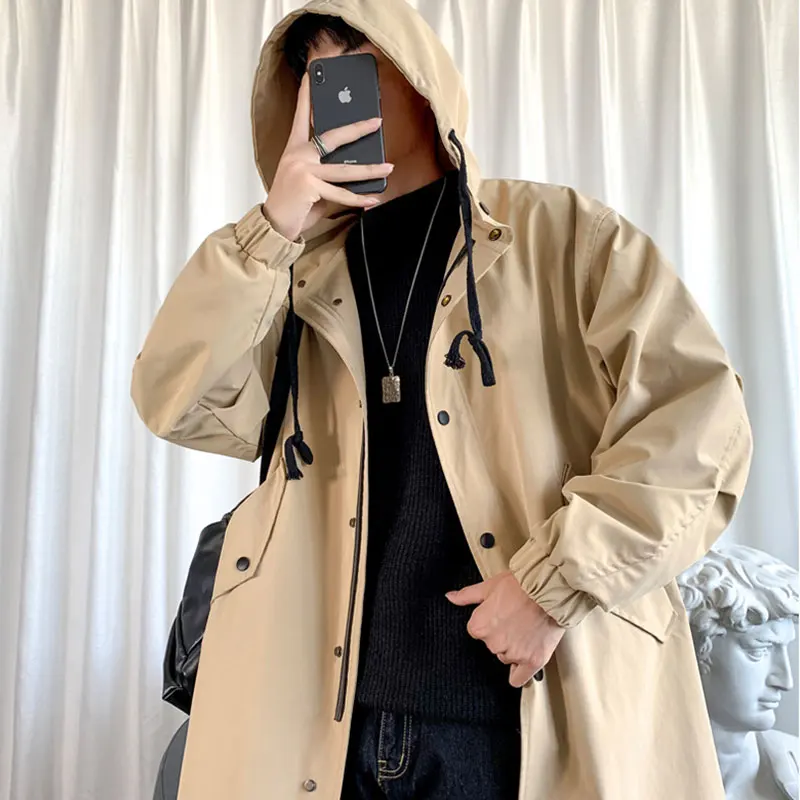 

Men'S Windbreaker Jacket Long Trench Oversize Loose Streetwear Hooded Vintage Black Coats High Street Casual Male Outerwear New
