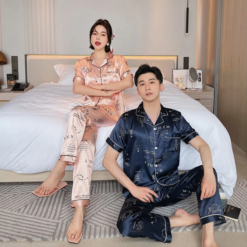 

Silk Satin Couple Pajamas Set Fancy Print Short Sleeve Trousers Lingerie Sleepwear Lovers Loose Pyjamas Soft Men Women Homewear
