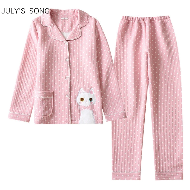 Новинка 2020, Женский хлопковый пижамный комплект JULY'S SONG с длинными рукавами и принтом кошек, милые волнистые брюки, повседневный мягкий пижа... от AliExpress RU&CIS NEW