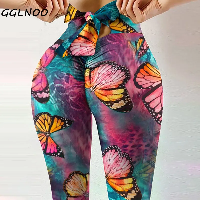 

GGLNOO Plus Fitness Leggings Sexy High Waist Long Pant Fitness Workout Sexy Waist Bowknot Design Exercise Print Running Leggings