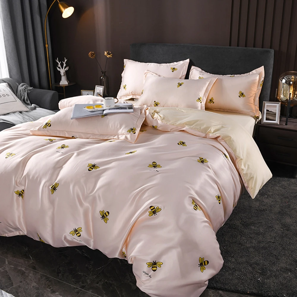 

Golden Blue Luxury 3/4pcs Mulberry Silk Bedding Set Bee Duvet Cover Sets Quilt Cover Flat Sheet Pillowcases Twin Full Queen