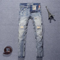 european street fashion men jeans retro distressed slim fit ripped jeans men vintage patchwork designer hip hop denim punk pants